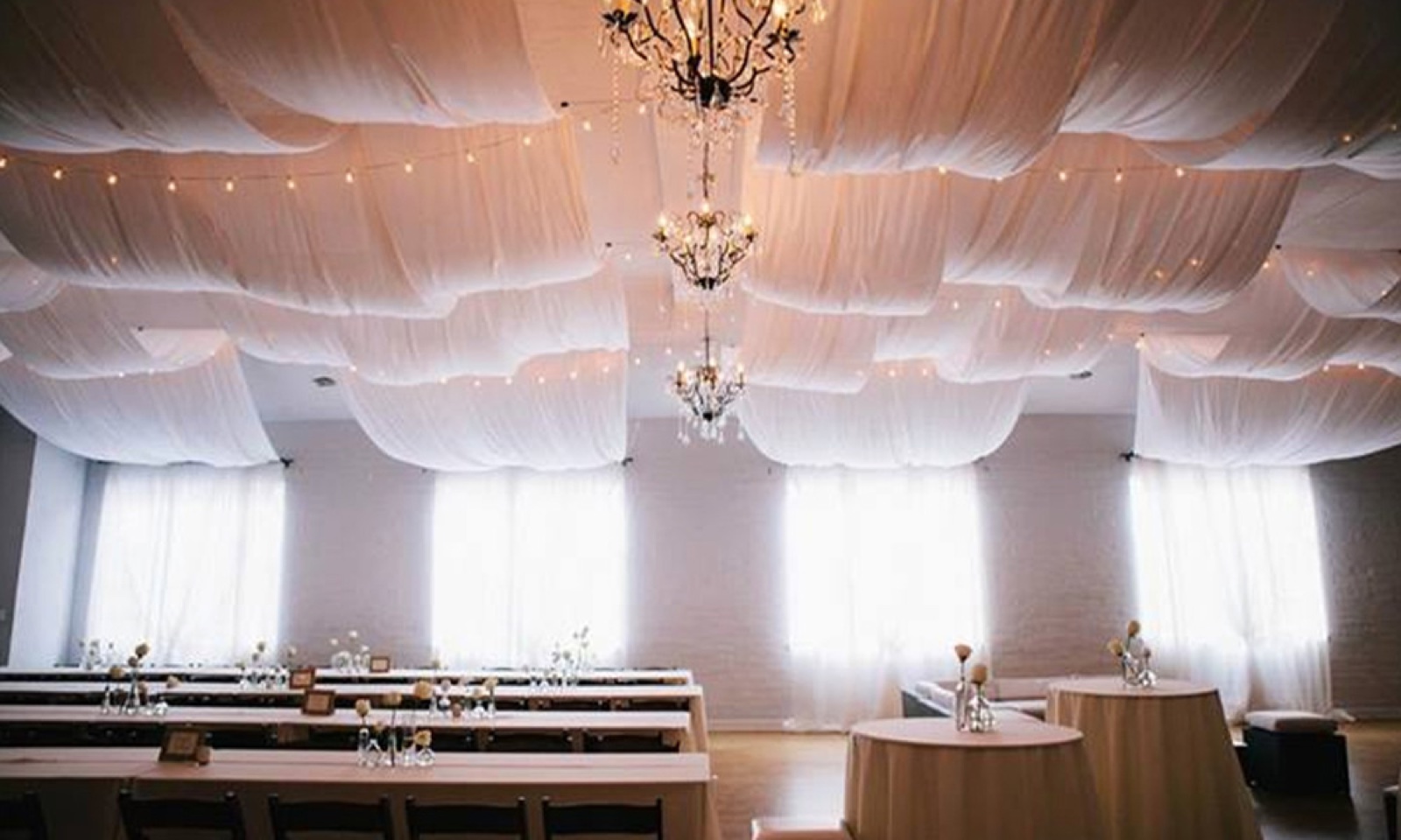 The Grand Ballroom, draped and set for an elegant event